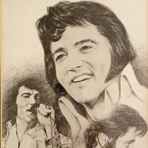 Penny Alexander Elvis Presley Framed Pencil Lithograph Art Print 1978 Music SS